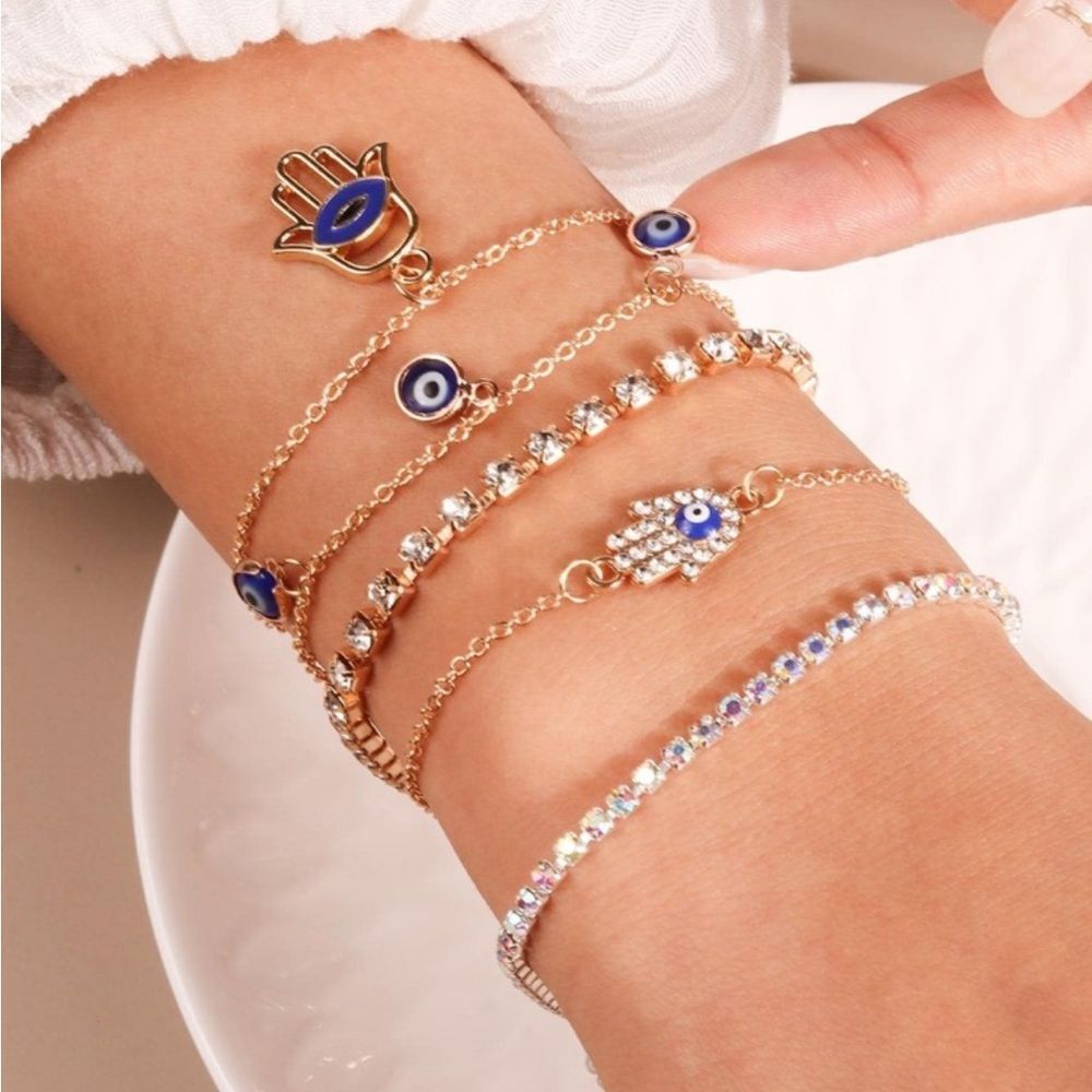 Gold Hamsa & Evil Eye Charm Bracelet set N1316